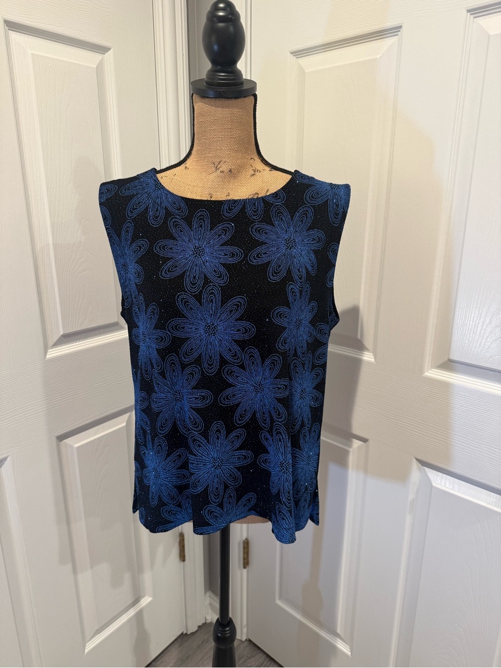 Chico's Travelers Sparkle Black Tank with Blue Glitter Floral Motif